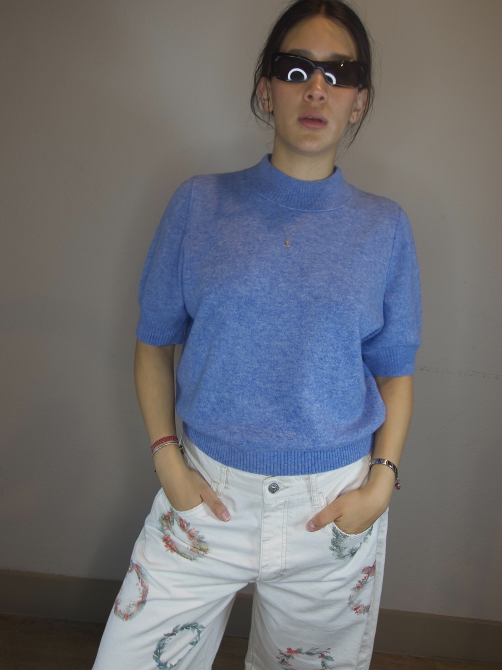 Free People 100% Cashmere Short Sleeve Mock Neck Sweater Hortensia Blue Size M